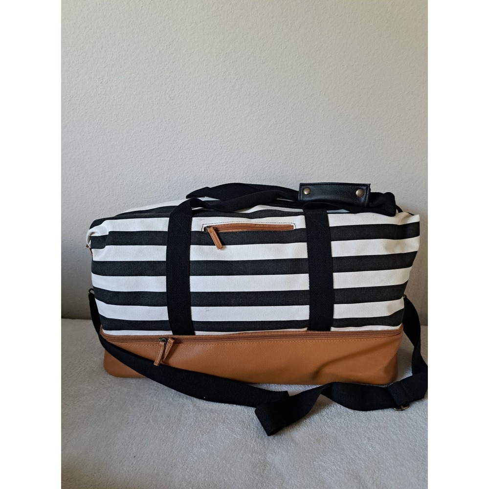 Striped Canvas Weekender Bag with Shoe Compartment Black White Tan Duffel